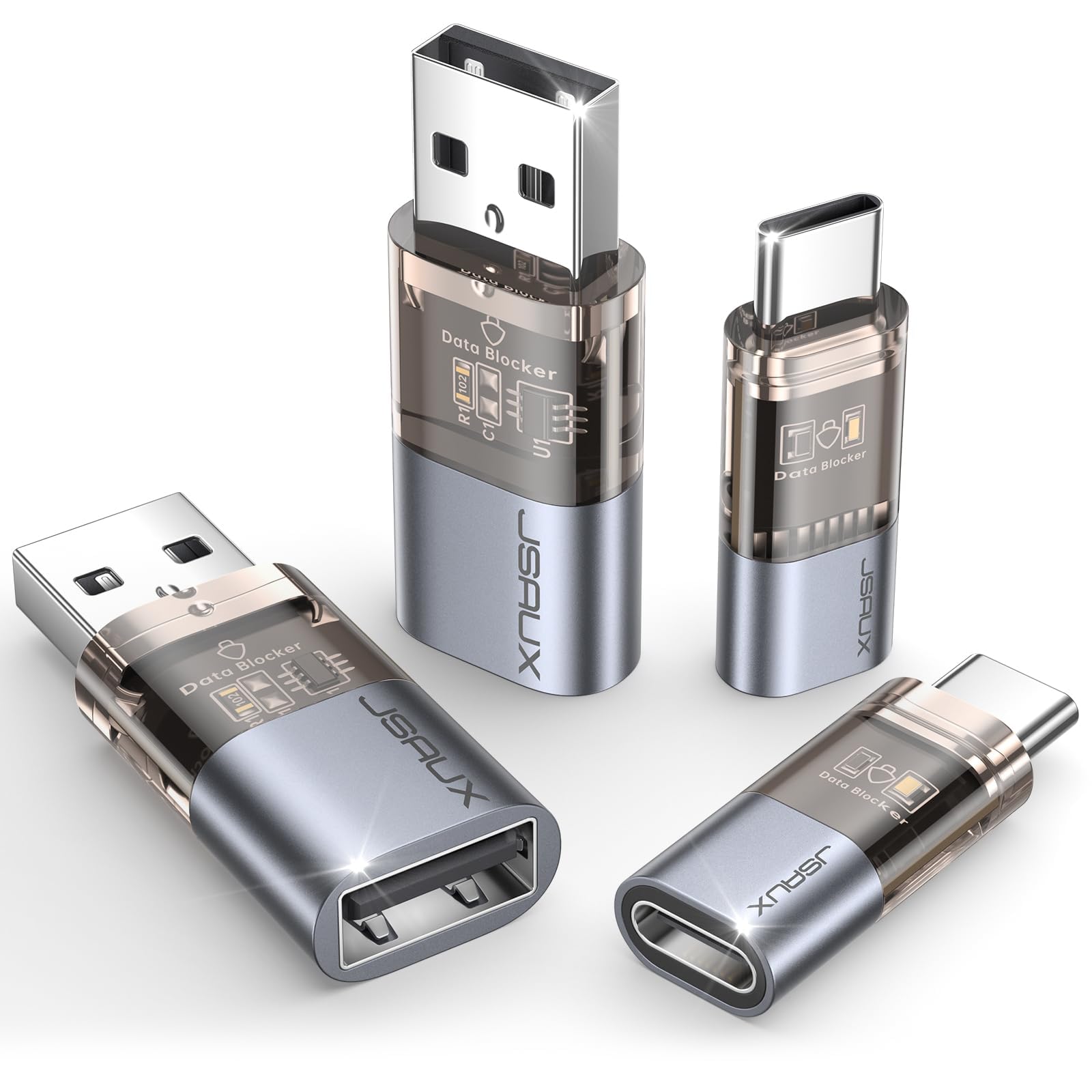JSAUX USB Data Blocker & USB C Data Blocker (4-Pack), Transparent USB-A to USB-A & USB-C to USB-C Data Blocker Only for Charge, Protect Against Juice Jacking, Refuse Hacking Provide Safe JSAUX USB Data Blocker & USB C Data Blocker (4-Pack), Transparent USB-A to USB-A & USB-C to USB-C Data Blocker Only for Charge, Protect Against Juice Jacking, Refuse Hacking Provide Safe